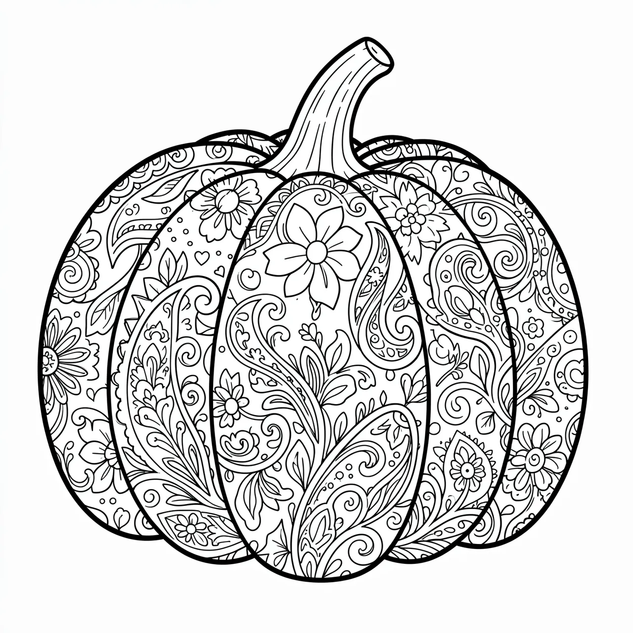 Black and white line art pumpkin filled with paisley and floral coloring page details on a plain white background