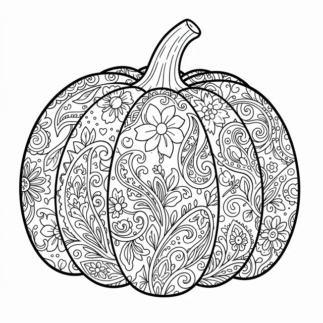 Black and white line art pumpkin filled with paisley and floral coloring page details on a plain white background