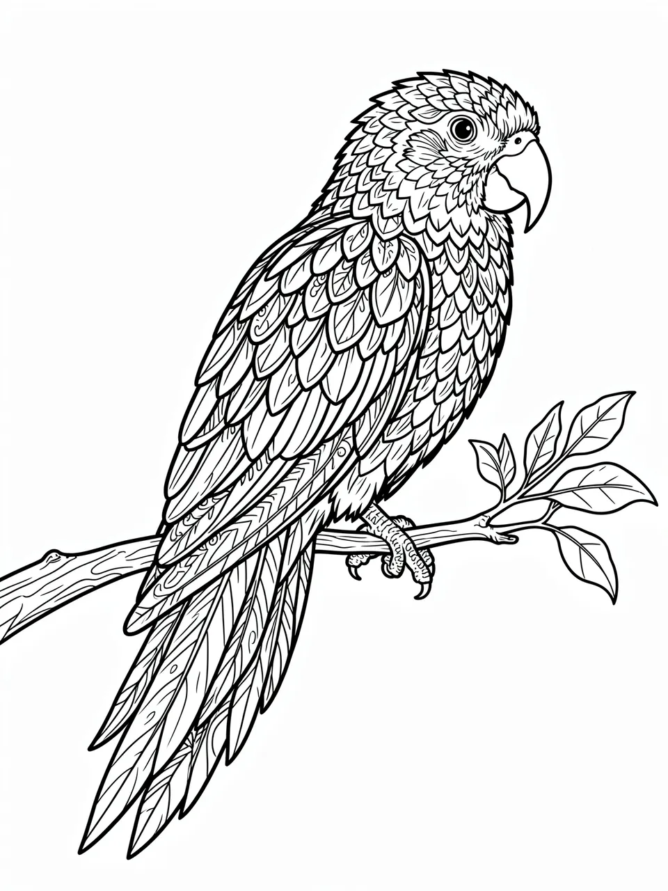 Black and white detailed line art of a parrot perched on a leafy branch against a plain white background
