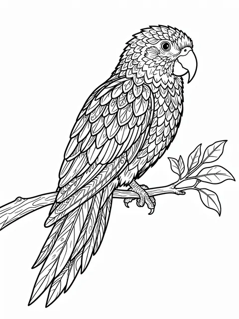 Black and white detailed line art of a parrot perched on a leafy branch against a plain white background