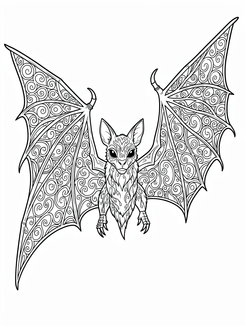 Black and white line art of an ornate bat with outstretched swirl-patterned wings on a plain white background
