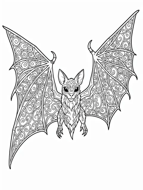 Black and white line art of an ornate bat with outstretched swirl-patterned wings on a plain white background