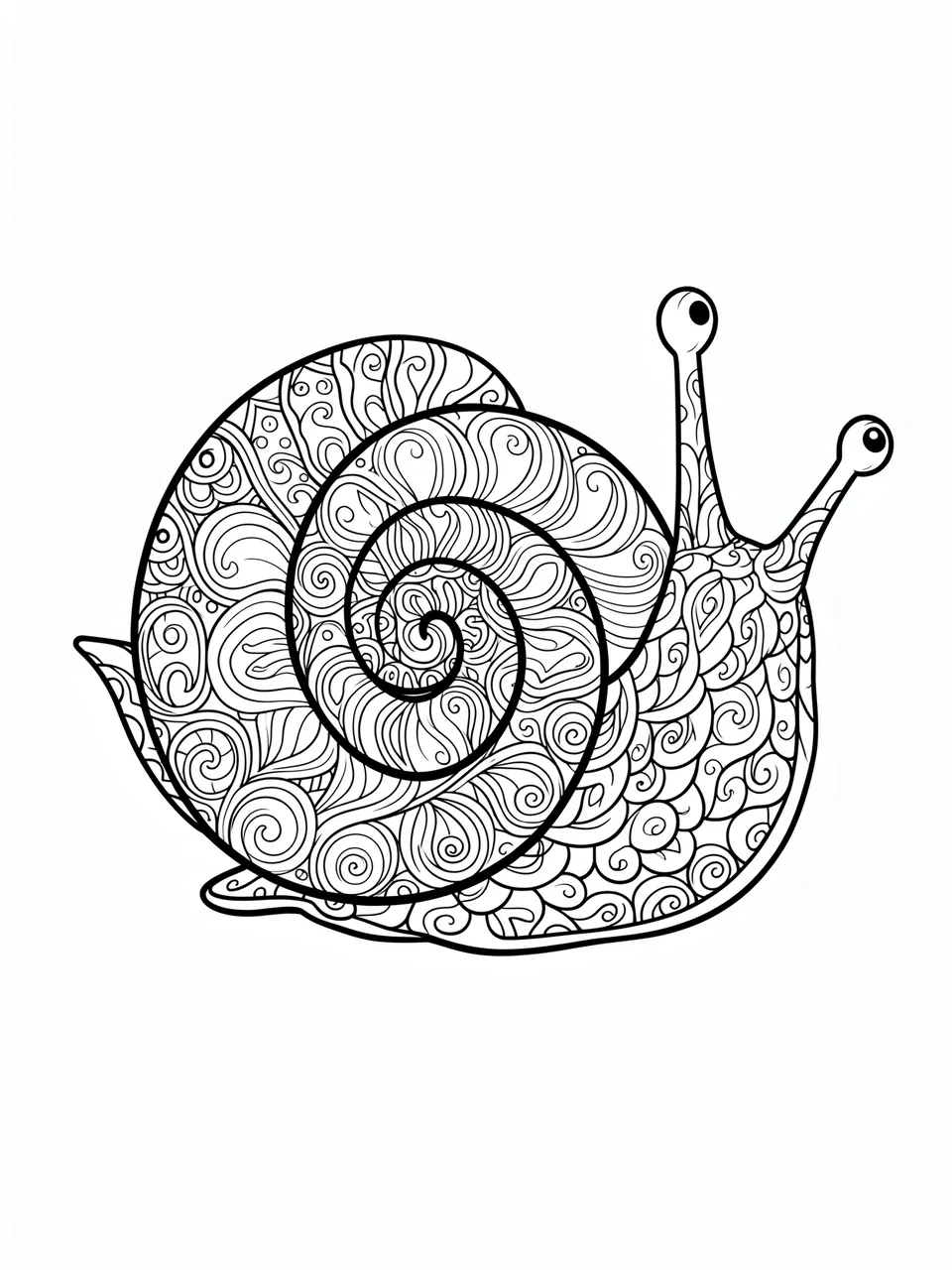 Black and white line art of a decorative snail with a detailed patterned spiral shell on a plain white background