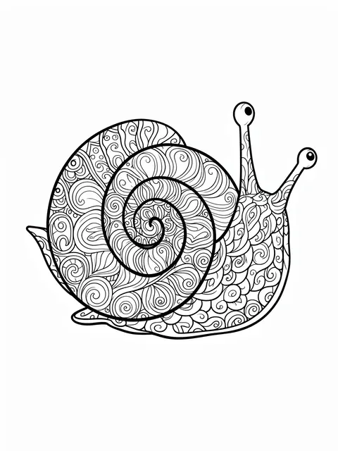 Black and white line art of a decorative snail with a detailed patterned spiral shell on a plain white background