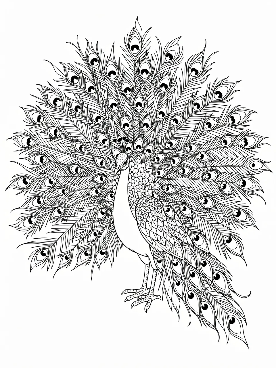 Black and white line art of a peacock with a fully fanned tail decorated with feather eye spots on a plain white background