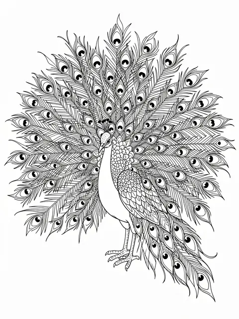 Black and white line art of a peacock with a fully fanned tail decorated with feather eye spots on a plain white background