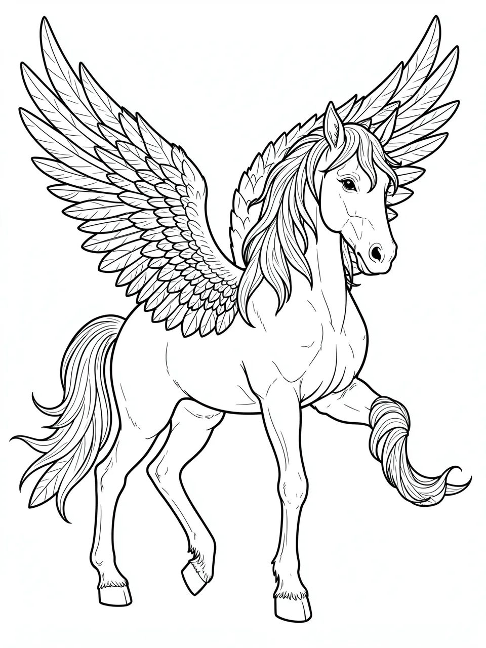 Black and white line art of a winged pegasus with detailed feathered wings and flowing mane on a plain white background