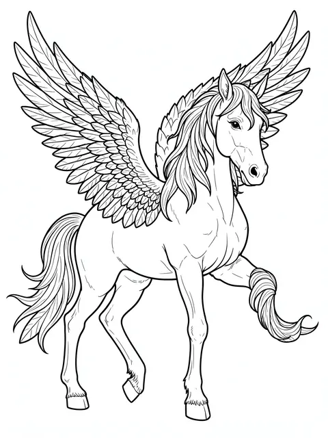 Black and white line art of a winged pegasus with detailed feathered wings and flowing mane on a plain white background