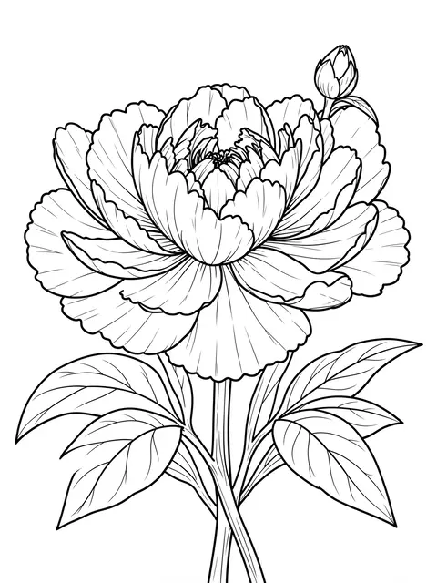Black and white line art of a detailed ruffled peony bloom, bud, and leaves on a plain white background