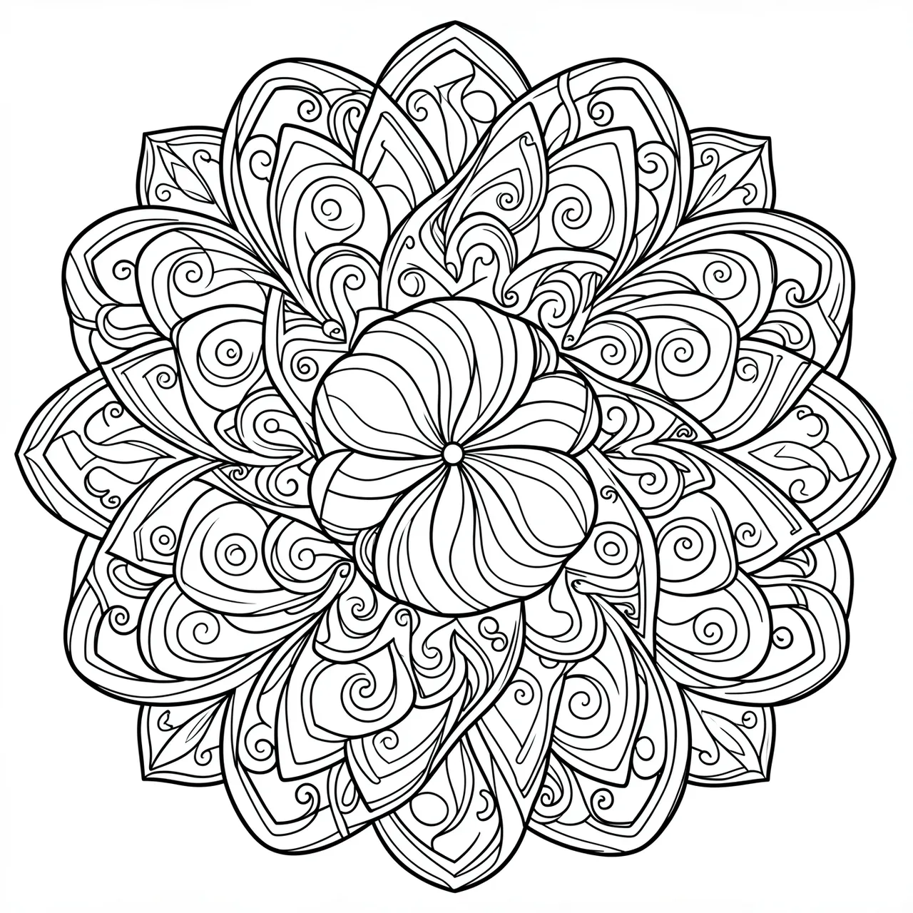 Black and white intricate peppermint candy mandala line art on a plain white background for coloring