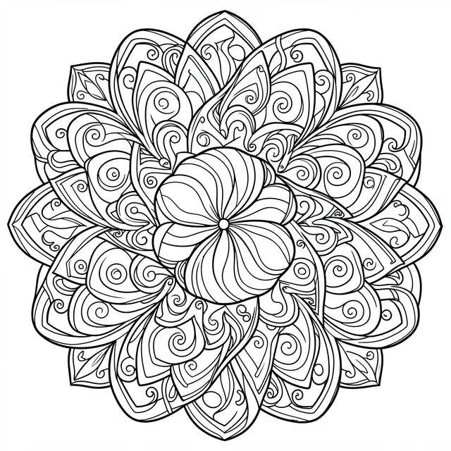 Black and white intricate peppermint candy mandala line art on a plain white background for coloring