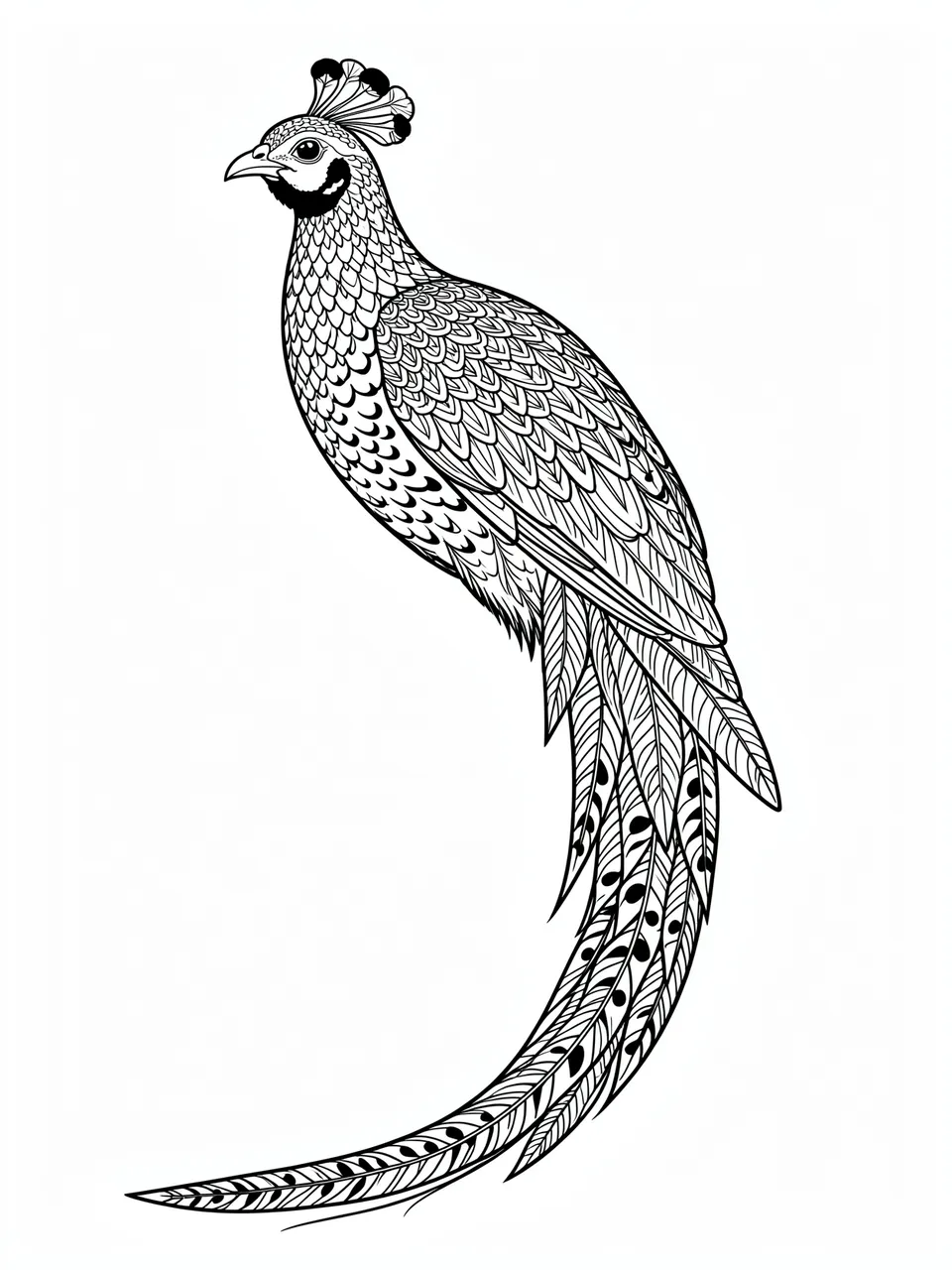 Black and white detailed line art illustration of a patterned long-tailed pheasant on a plain white background