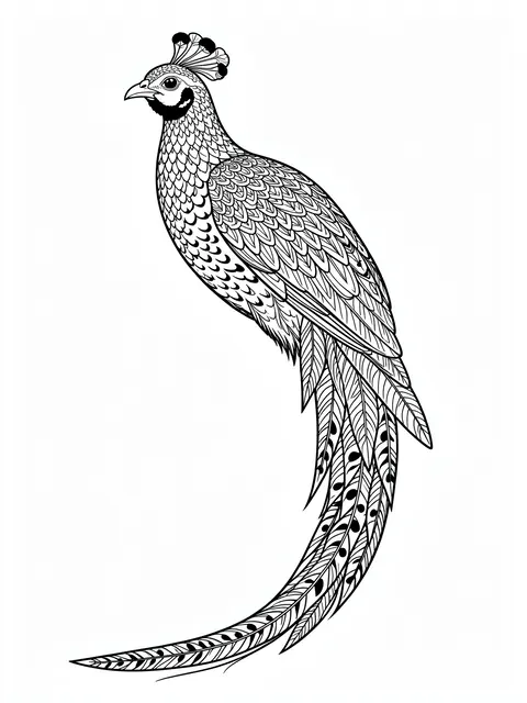 Black and white detailed line art illustration of a patterned long-tailed pheasant on a plain white background