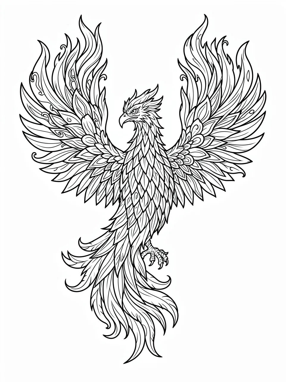 Black and white line art illustration of a detailed phoenix with spread wings on a plain white background