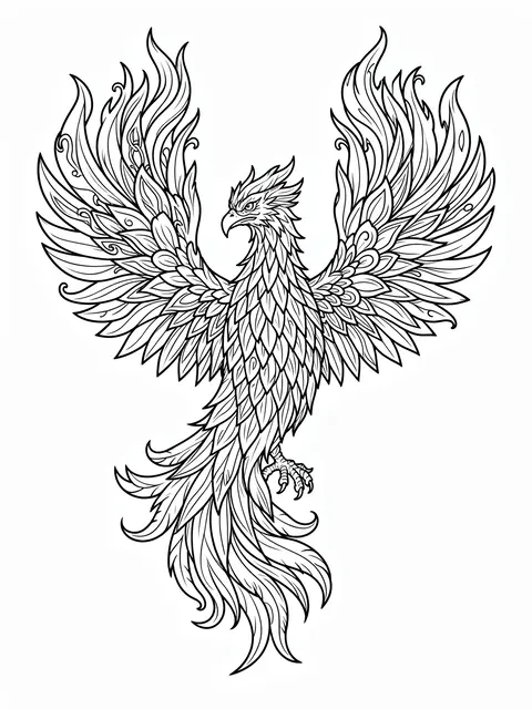 Black and white line art illustration of a detailed phoenix with spread wings on a plain white background