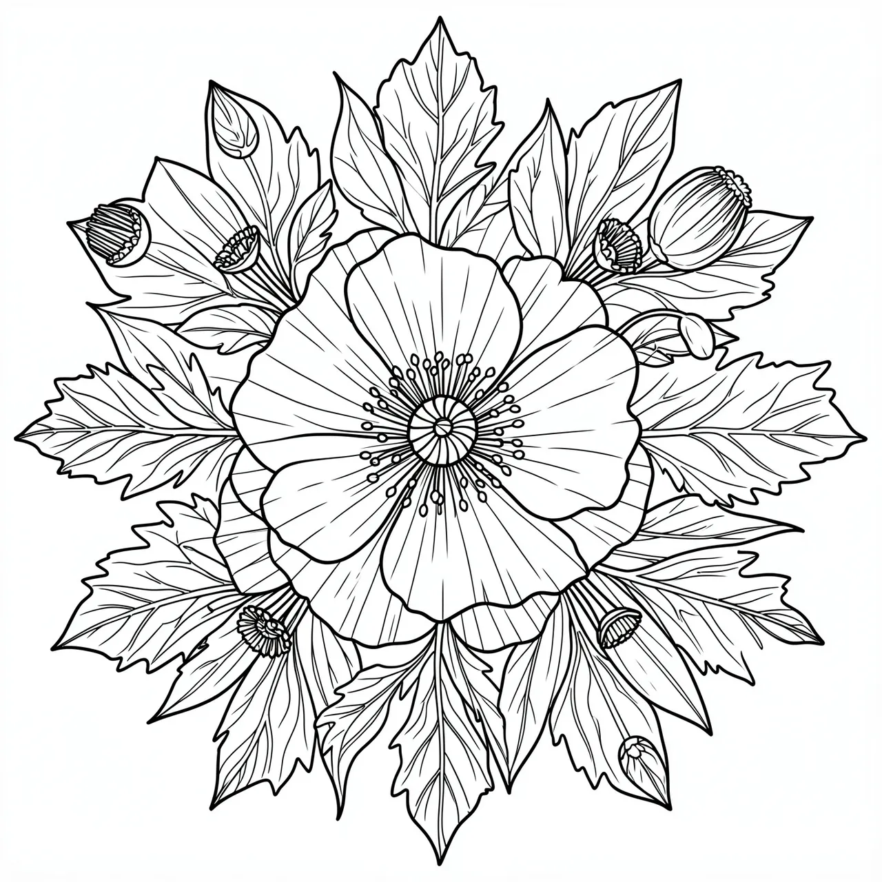 Black and white symmetrical line art poppy mandala with leaves and seed heads on a plain white background