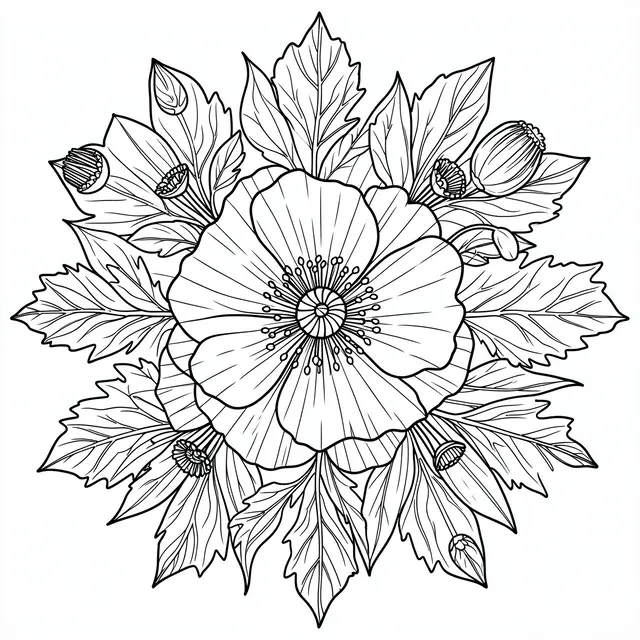 Black and white symmetrical line art poppy mandala with leaves and seed heads on a plain white background