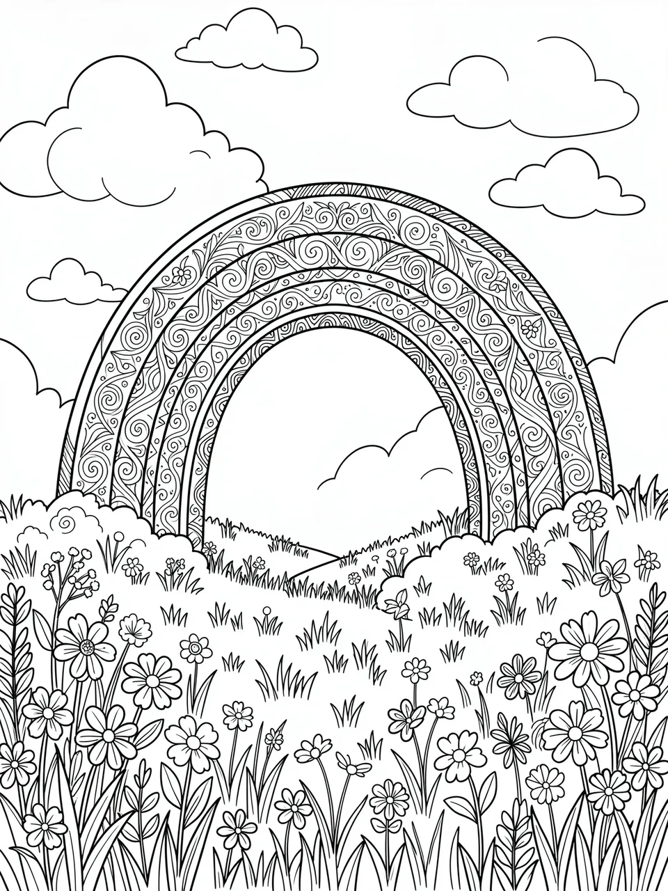 Black and white line art of a detailed patterned rainbow over a flower-filled spring meadow with scattered clouds