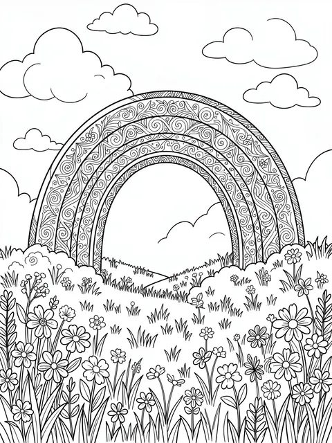 Black and white line art of a detailed patterned rainbow over a flower-filled spring meadow with scattered clouds