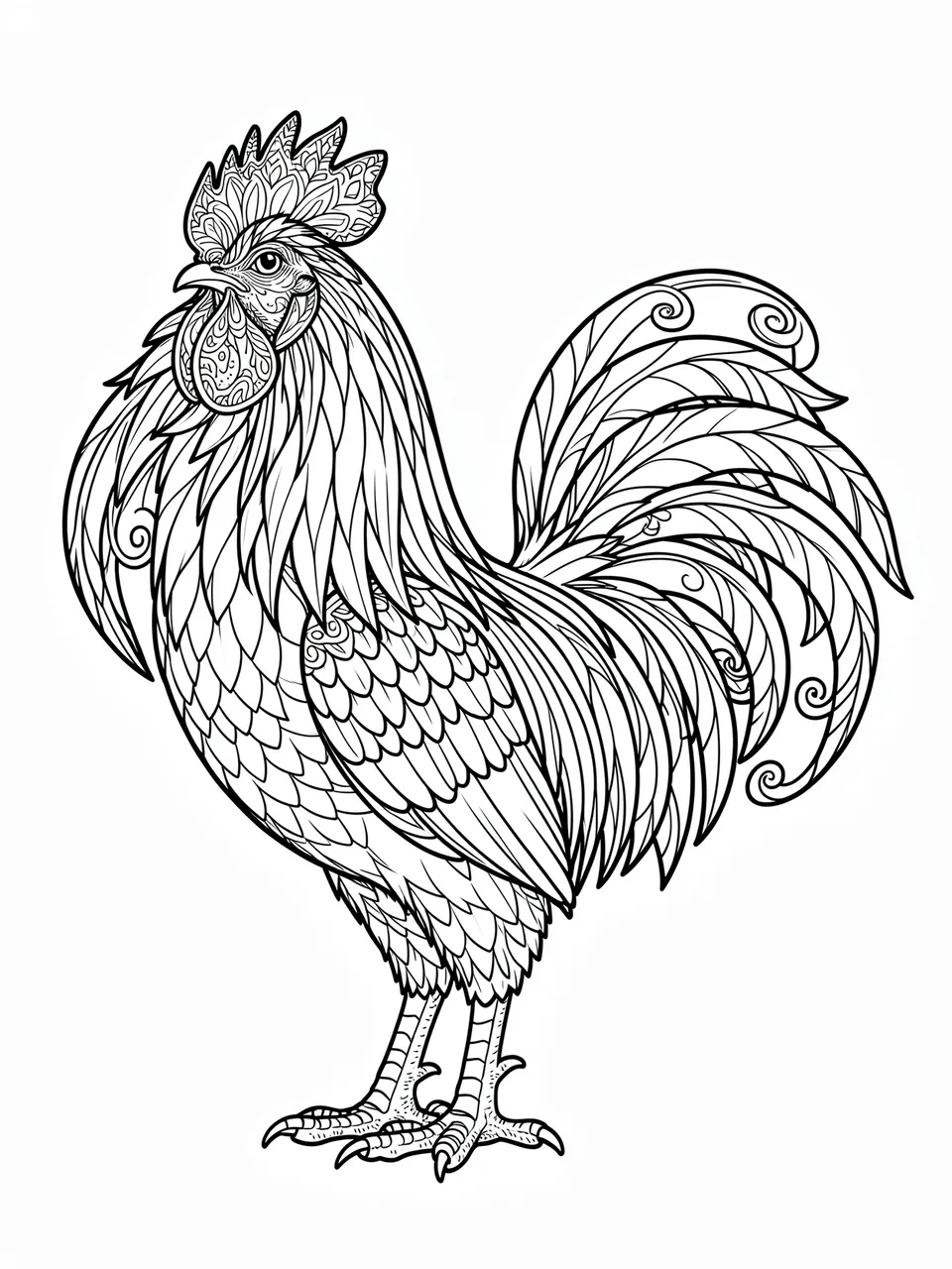 Black and white detailed line art rooster with ornate curled tail feathers on a plain white background