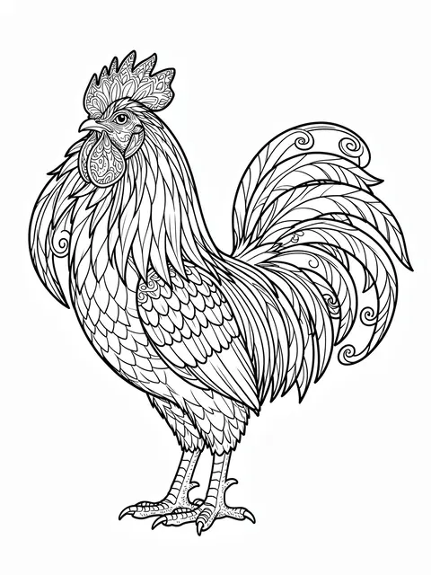 Black and white detailed line art rooster with ornate curled tail feathers on a plain white background