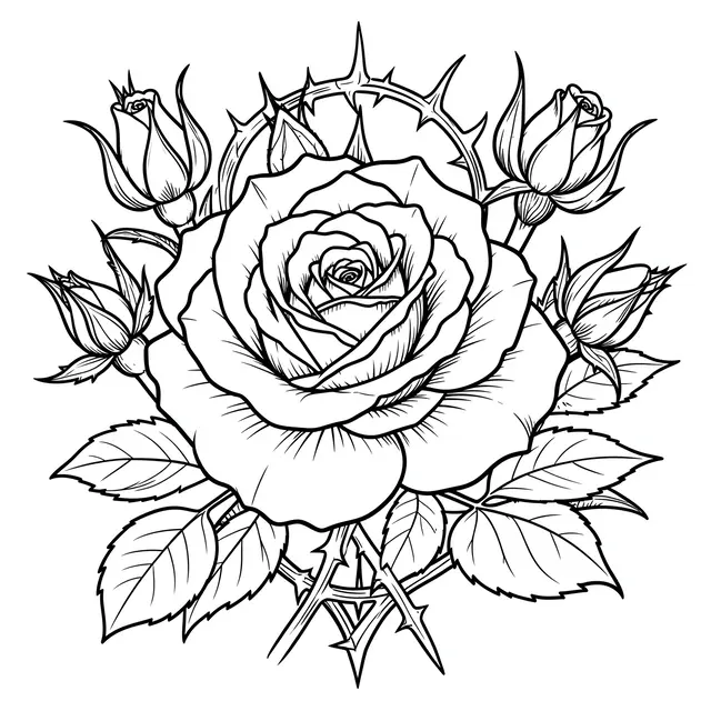 Black and white line art of a full bloom rose surrounded by rosebuds, thorns and leaves on a plain white background