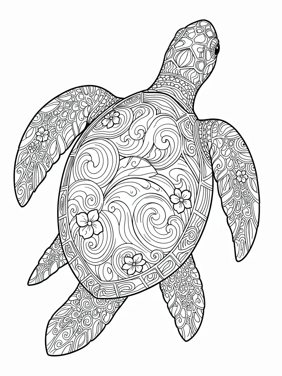 Black and white line art sea turtle decorated with swirling waves and small flowers on a plain white background