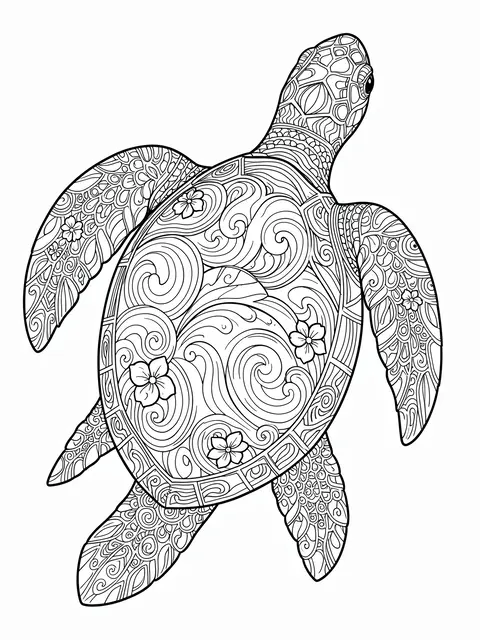 Black and white line art sea turtle decorated with swirling waves and small flowers on a plain white background