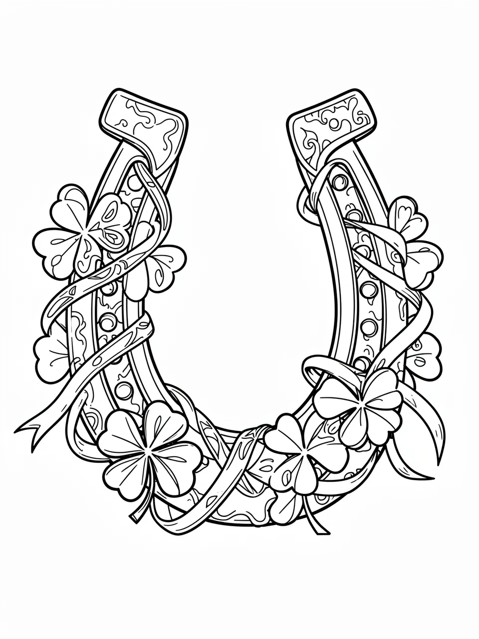 Black and white line art of an ornate horseshoe wrapped in shamrocks and ribbons on a plain white background