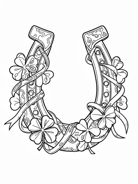 Black and white line art of an ornate horseshoe wrapped in shamrocks and ribbons on a plain white background