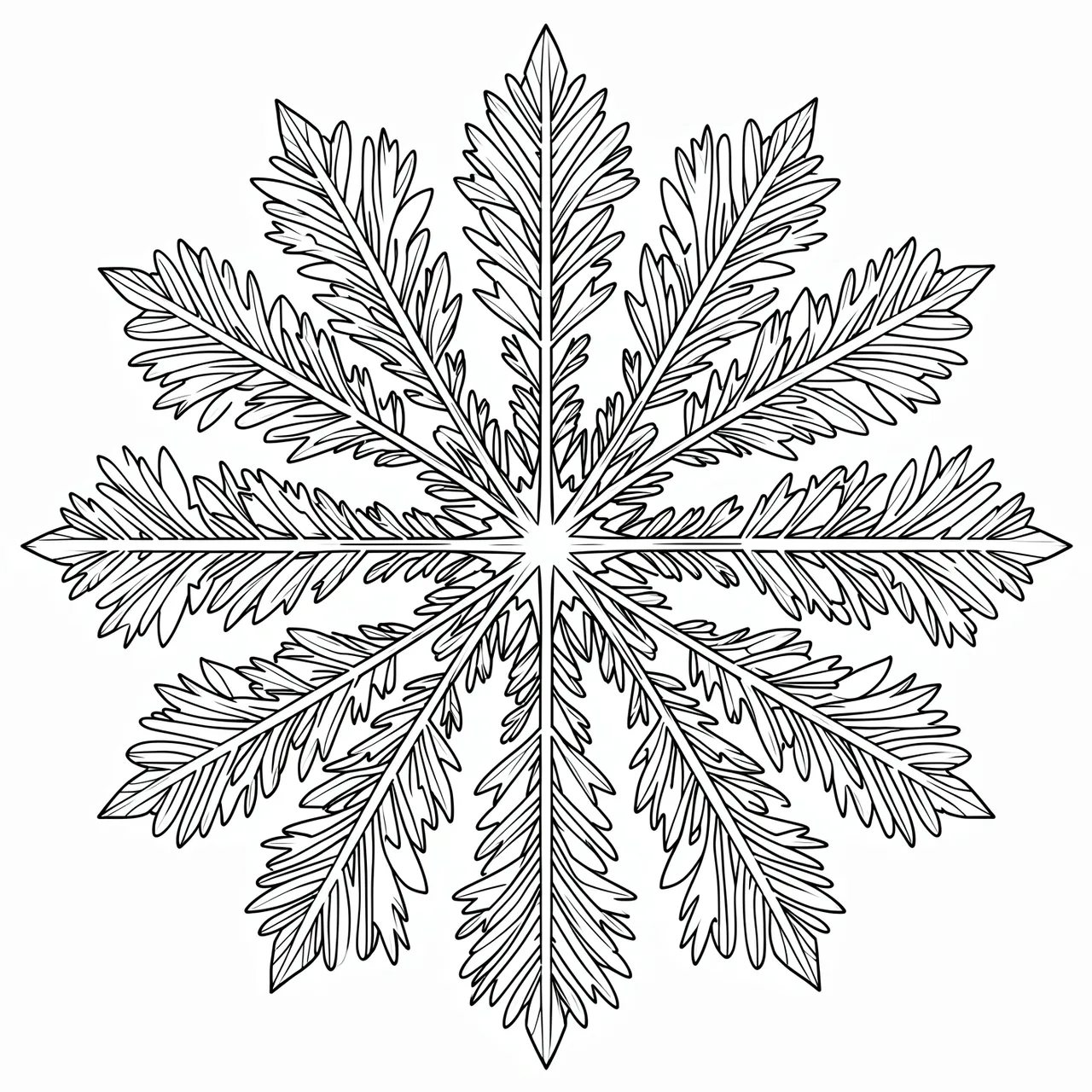 Symmetrical feathery snowflake mandala black line art on a plain white background