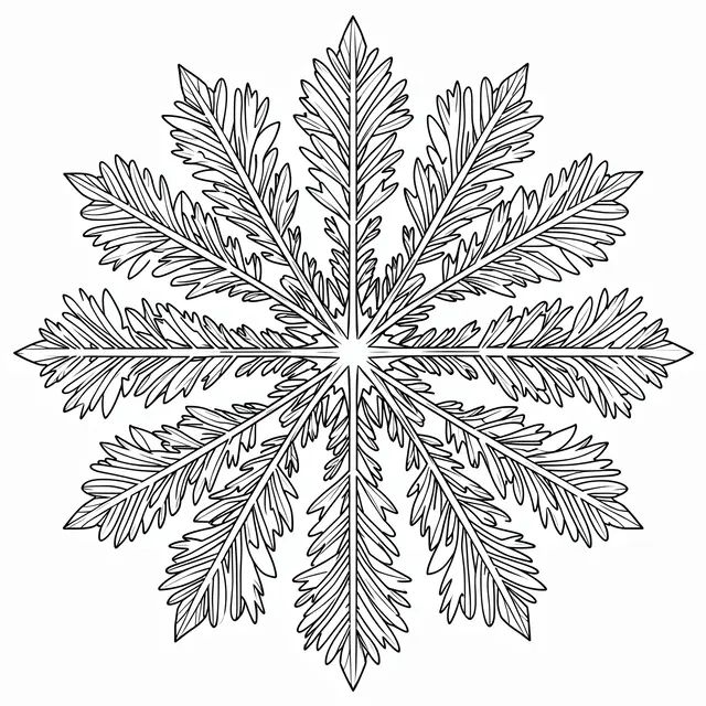 Symmetrical feathery snowflake mandala black line art on a plain white background