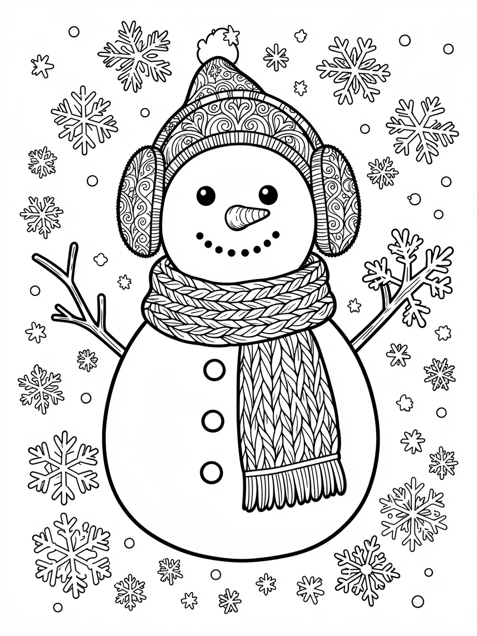 Black and white line art of a detailed snowman with earmuffs, knit scarf, and surrounding snowflakes on a white background