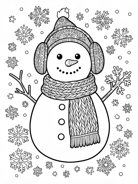 Black and white line art of a detailed snowman with earmuffs, knit scarf, and surrounding snowflakes on a white background