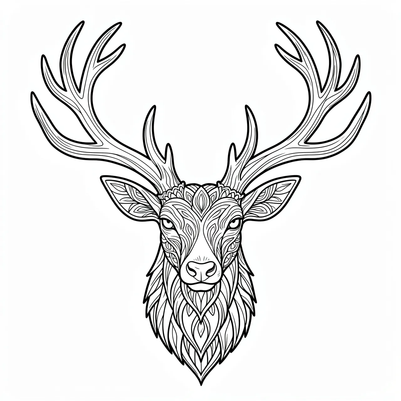 Black and white detailed line art of a decorative stag head mandala on a plain white background