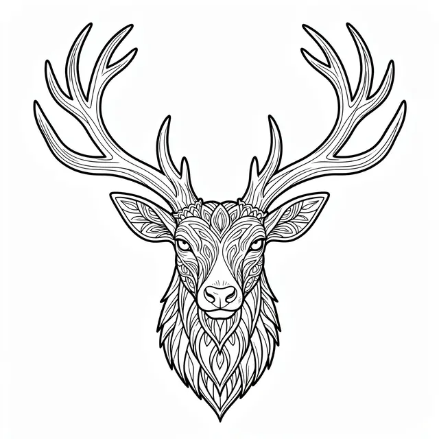 Black and white detailed line art of a decorative stag head mandala on a plain white background