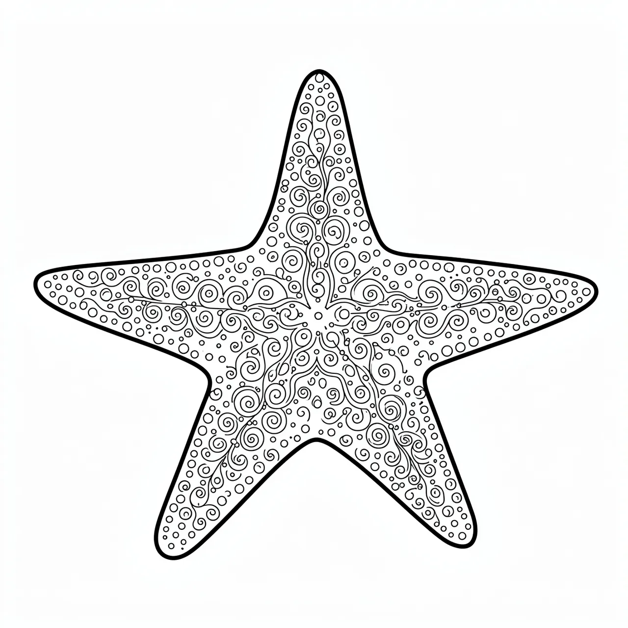 Black and white line art of a detailed starfish decorated with swirls and dots on a plain white background
