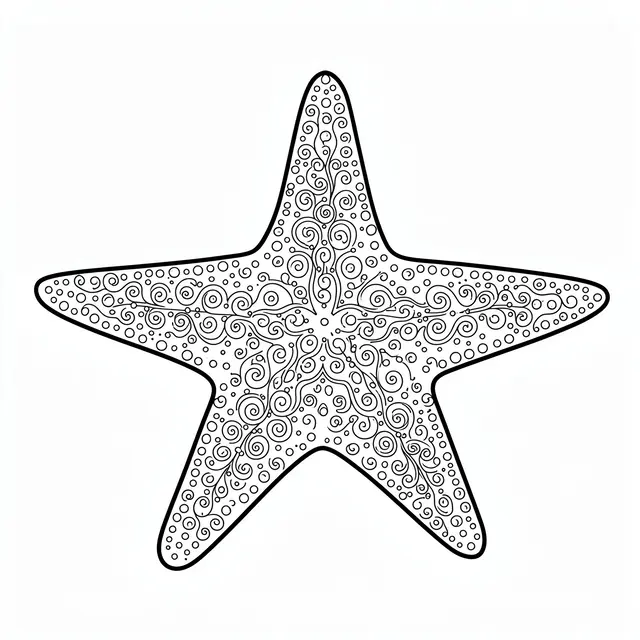 Black and white line art of a detailed starfish decorated with swirls and dots on a plain white background