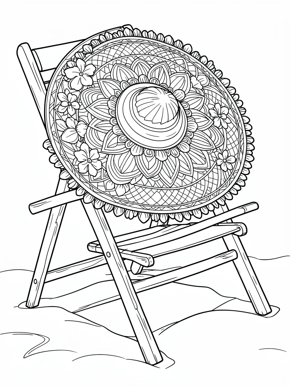 Black and white line art of a flower and shell trimmed sun hat resting on a wooden beach chair in sand