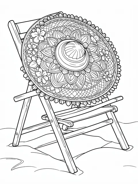 Black and white line art of a flower and shell trimmed sun hat resting on a wooden beach chair in sand