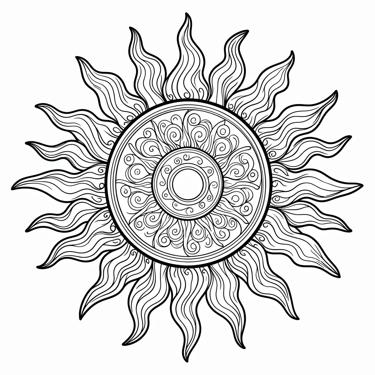 Black and white line art sun mandala with wavy ray details on a plain white background