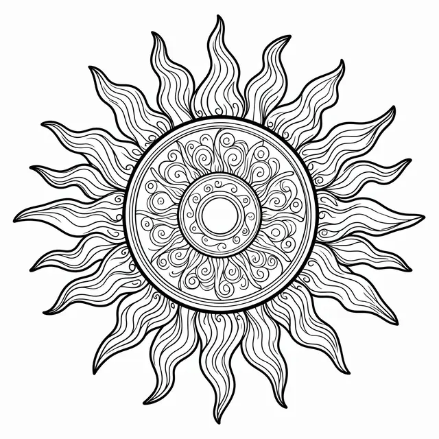 Black and white line art sun mandala with wavy ray details on a plain white background