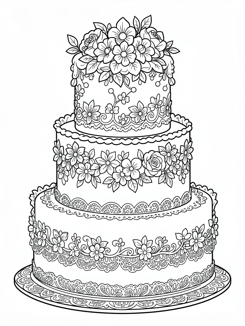 Black and white line art of a detailed three tier cake with sugar flowers and lace piping on a white background