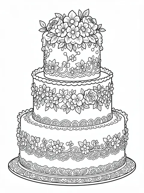 Black and white line art of a detailed three tier cake with sugar flowers and lace piping on a white background