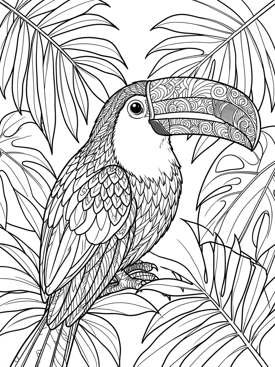 Black and white line art of a patterned toucan perched among detailed jungle leaves on a white background