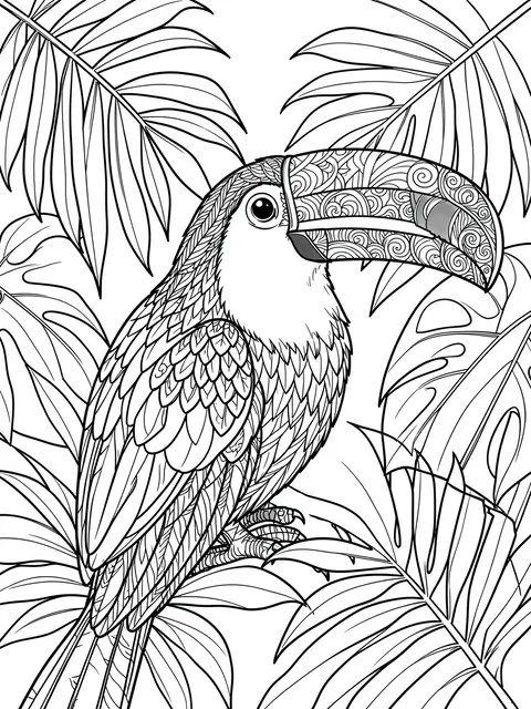 Black and white line art of a patterned toucan perched among detailed jungle leaves on a white background