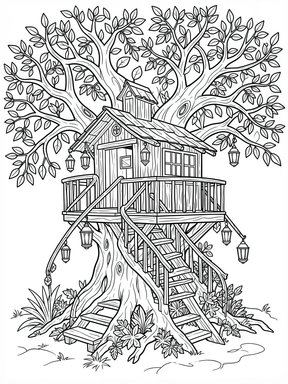 Black and white line art illustration of a detailed treehouse with winding stairs, lanterns, and leafy tree branches on a