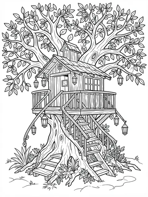 Black and white line art illustration of a detailed treehouse with winding stairs, lanterns, and leafy tree branches on a