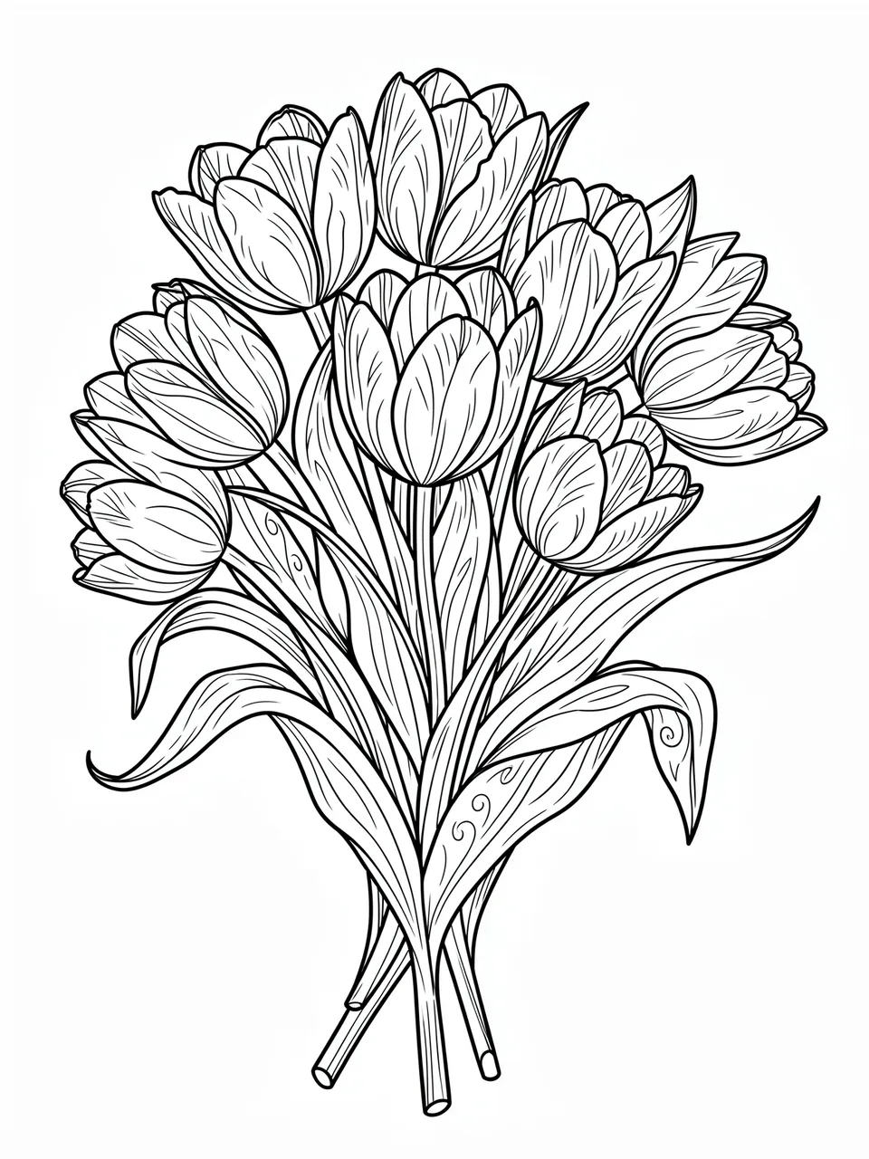 Black and white detailed line art of an ornate tulip bouquet on a plain white background