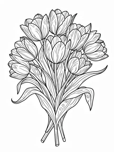 Black and white detailed line art of an ornate tulip bouquet on a plain white background